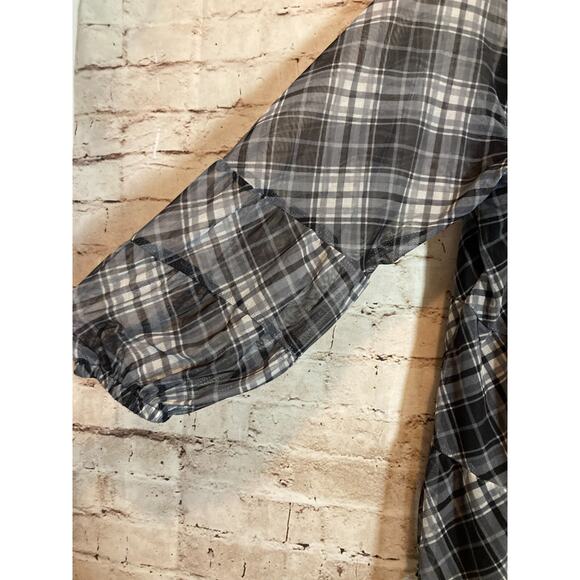 Terra & Sky Babydoll Top Womens 1X Gray Plaid Mesh Balloon Sleeve Ruffle Boho - Picture 12 of 12
